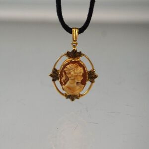 Vintage Carved Cameo Pendant Faux Leather Cord Necklace